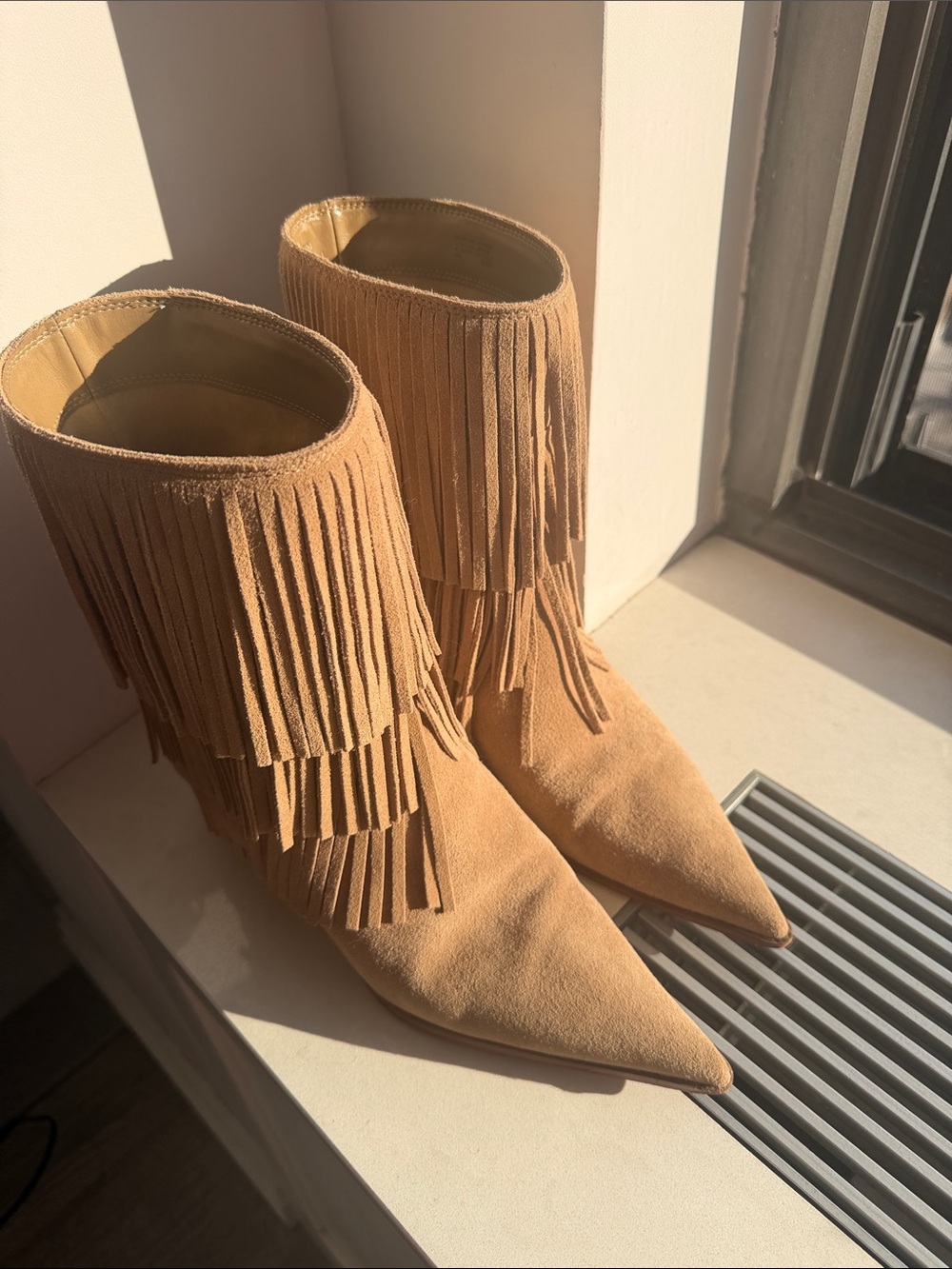 MK Fringe Suede Pointed-Toe Ankle Boots - Tan 38